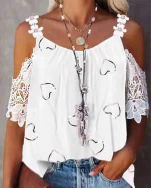 Heart Print Contrast Lace Cold Shoulder Top