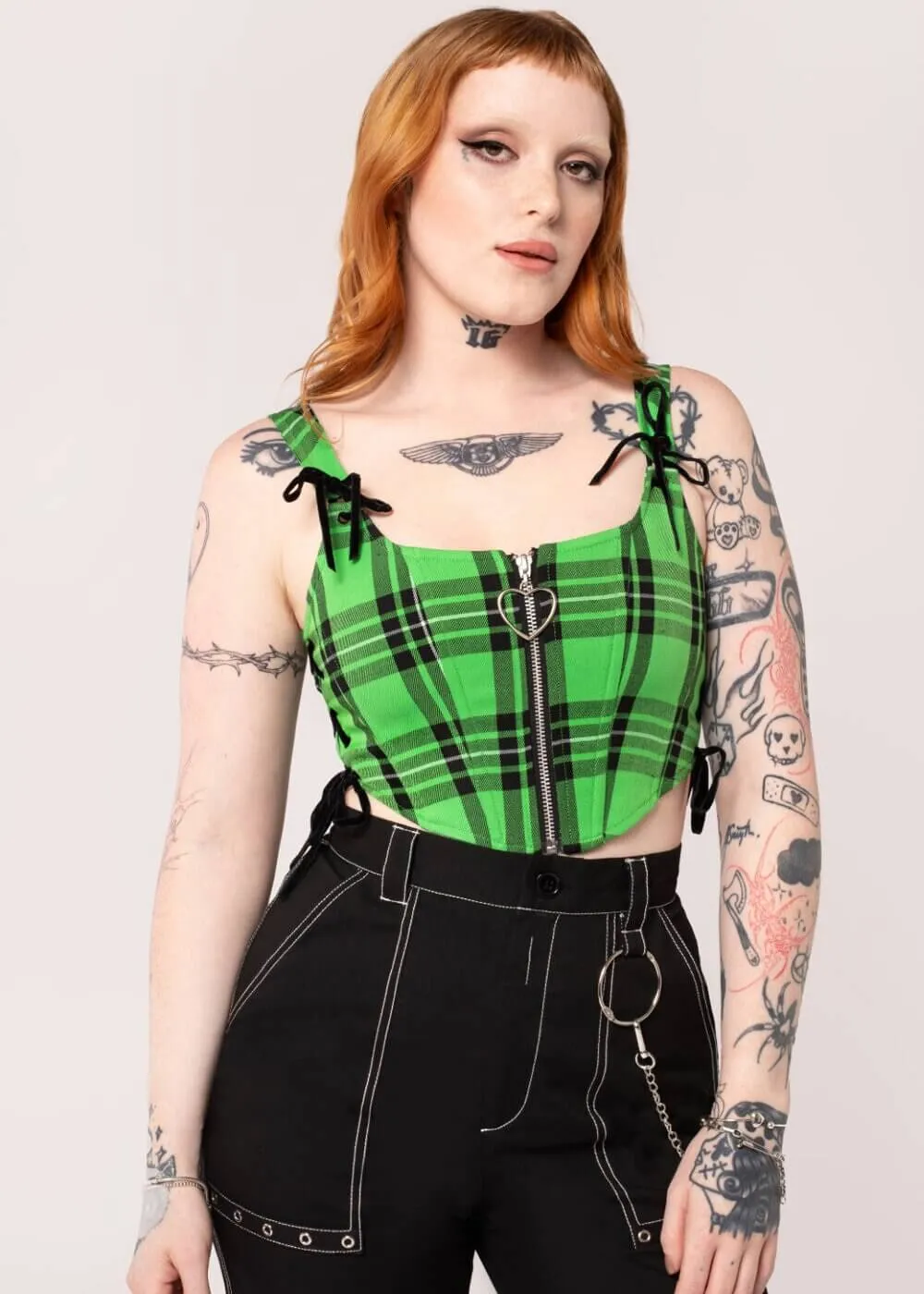 Hell Bunny Corey Tartan Heart 80's Corset Top Green