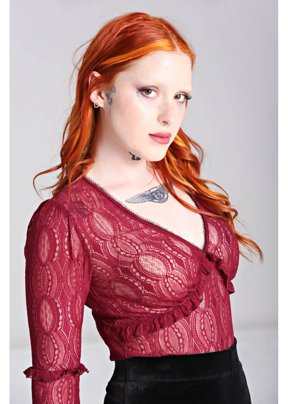 Hell Bunny Rhea Lace 70's Top in Burgundy