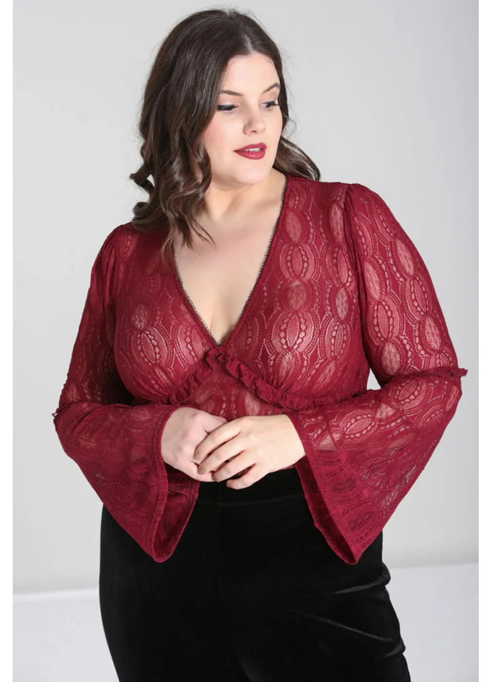 Hell Bunny Rhea Lace 70's Top in Burgundy