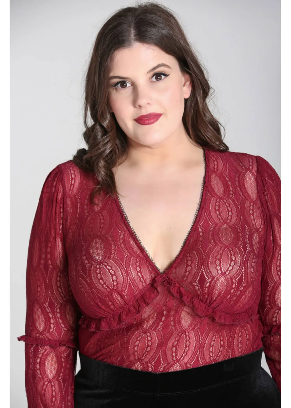 Hell Bunny Rhea Lace 70's Top in Burgundy