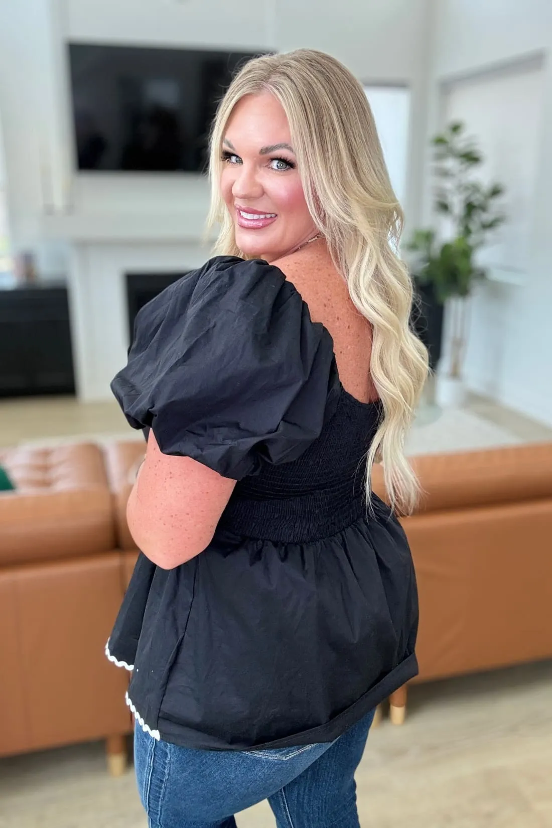 Her Favorite Records Balloon Sleeve Peplum Blouse