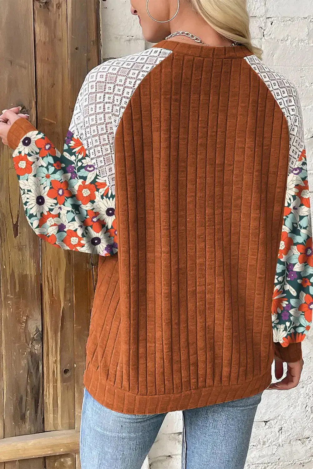 KaleaBoutique Stylish Floral Patchwork Long Sleeve Ribbed Blouse