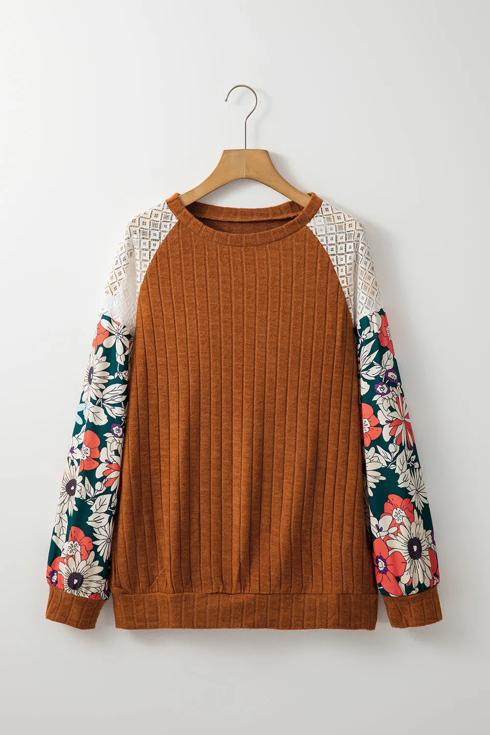 KaleaBoutique Stylish Floral Patchwork Long Sleeve Ribbed Blouse