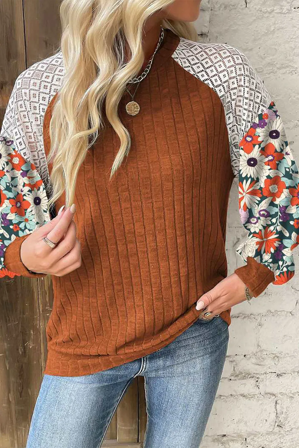 KaleaBoutique Stylish Floral Patchwork Long Sleeve Ribbed Blouse