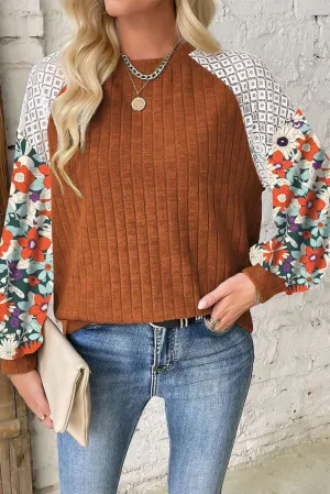 KaleaBoutique Stylish Floral Patchwork Long Sleeve Ribbed Blouse
