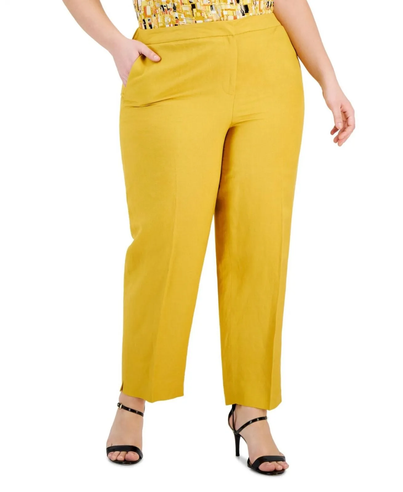 Kasper Womens Plus Size Linen Mid-Rise Straight-Leg Slit-Hem Pants 10866707