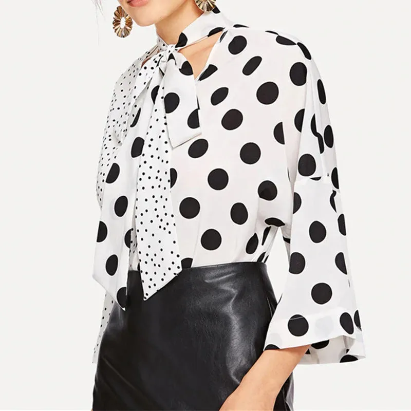 Lace-up V-neck Asymmetric Patchwork Polka-dot Shirt