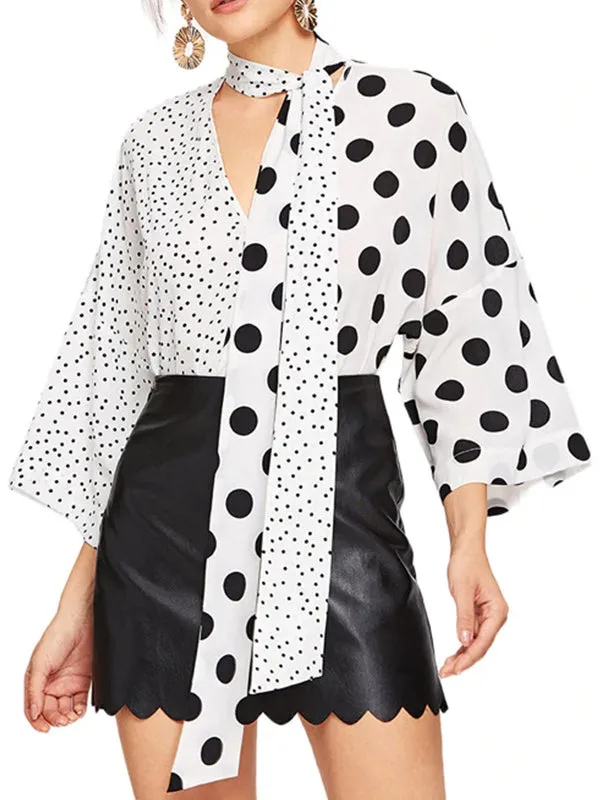 Lace-up V-neck Asymmetric Patchwork Polka-dot Shirt