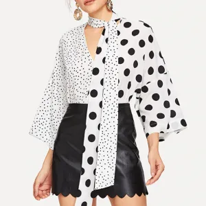 Lace-up V-neck Asymmetric Patchwork Polka-dot Shirt