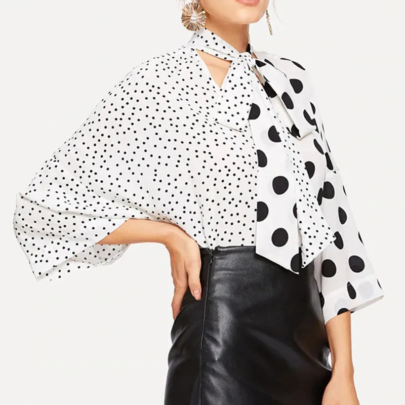 Lace-up V-neck Asymmetric Patchwork Polka-dot Shirt