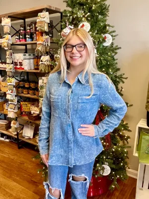 Ladies Denim Blue Button Down Gauze Top
