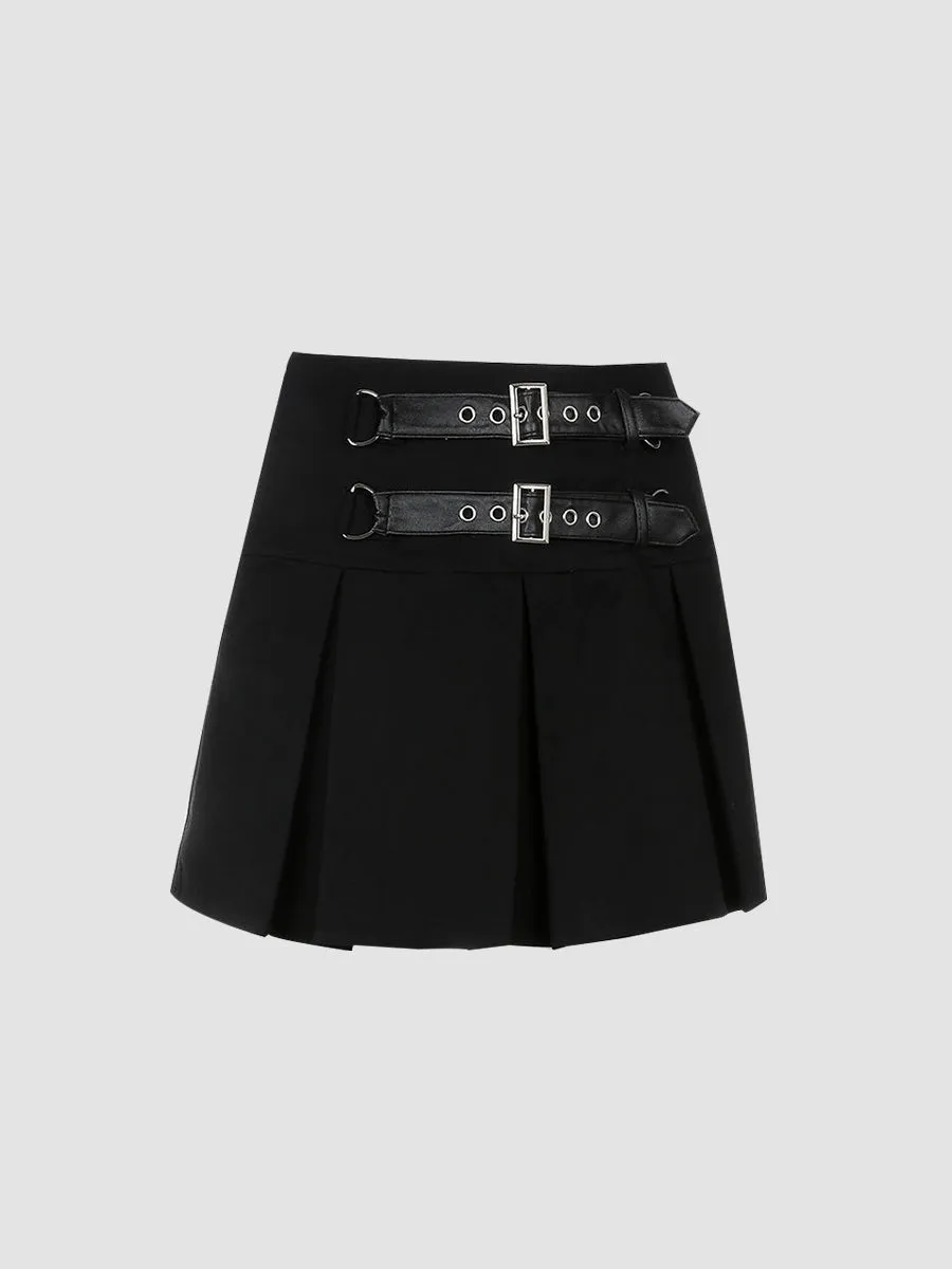 Leather Buckle Sexy Pleated Skirt