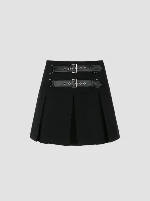 Leather Buckle Sexy Pleated Skirt