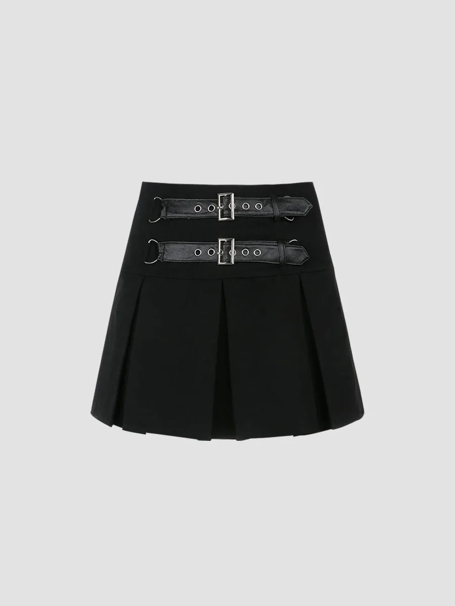Leather Buckle Sexy Pleated Skirt