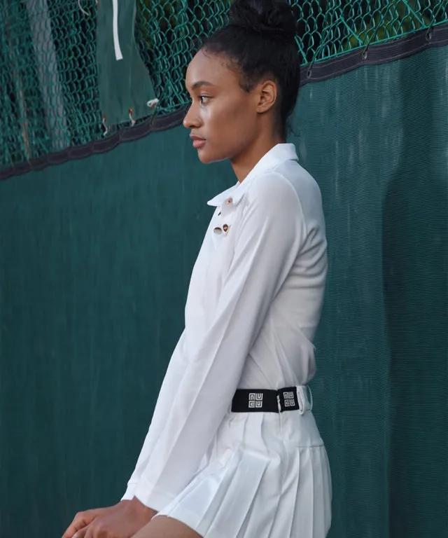 LENUCU Logo Banding Pleated Skirt - White