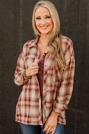 Like Clockwork Plaid Button Top- Maroon