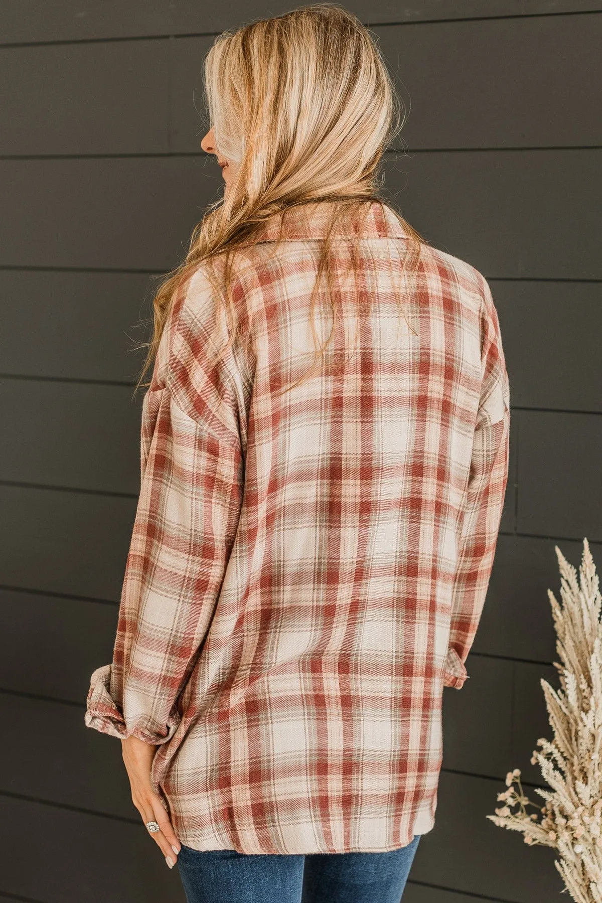 Like Clockwork Plaid Button Top- Maroon