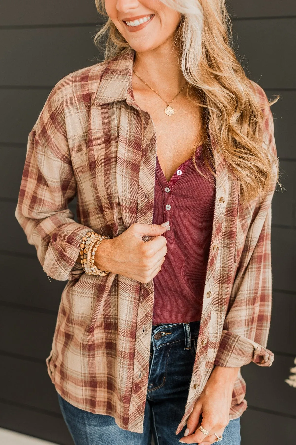 Like Clockwork Plaid Button Top- Maroon