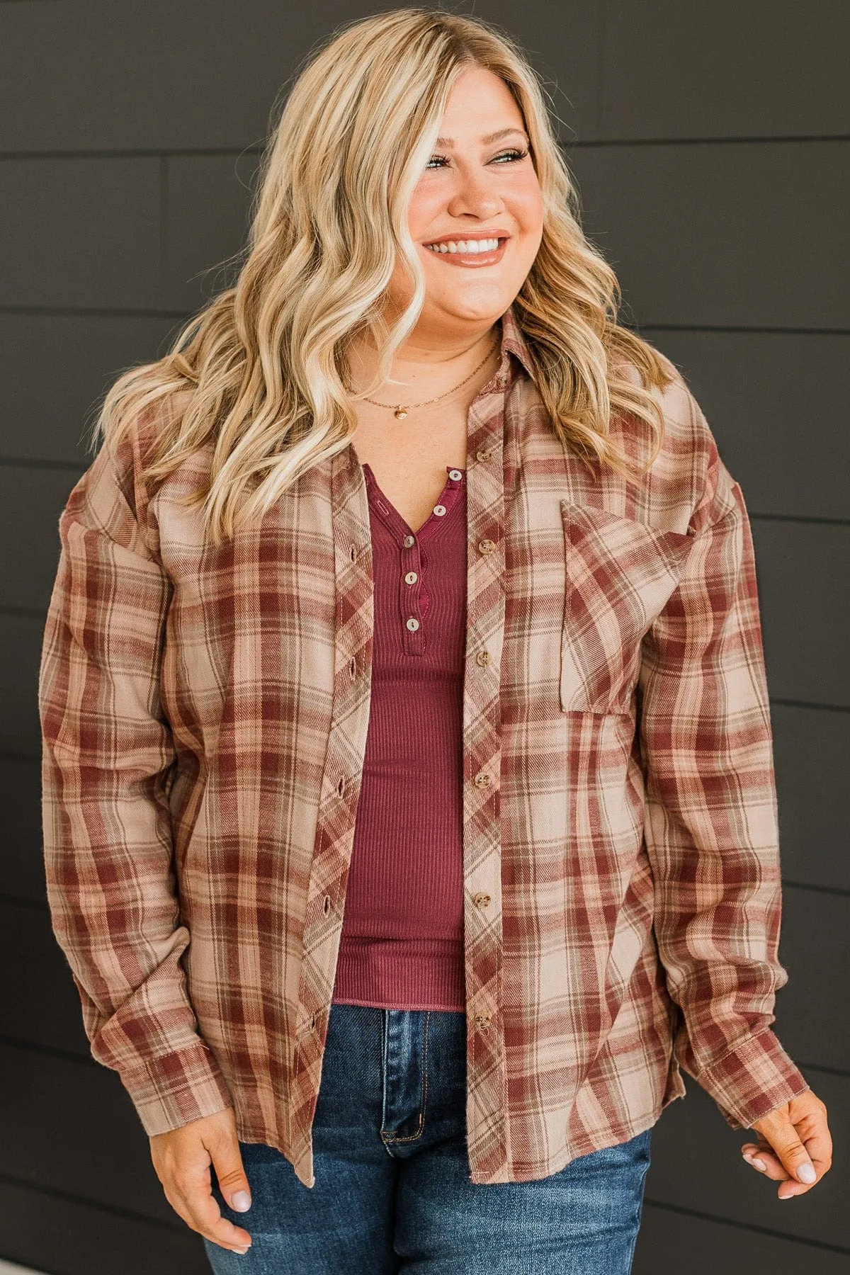 Like Clockwork Plaid Button Top- Maroon