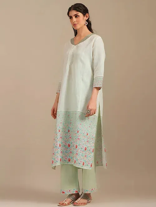 Lime Green Linen Kurta With Printed Border And Organza Yoke  With Cotton Pants