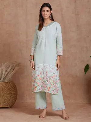 Lime Green Linen Kurta With Printed Border And Organza Yoke  With Cotton Pants