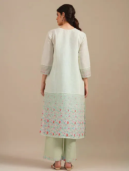 Lime Green Linen Kurta With Printed Border And Organza Yoke  With Cotton Pants