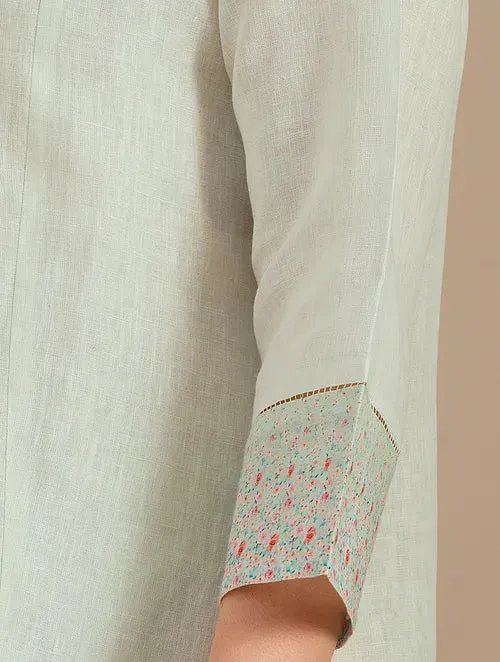 Lime Green Linen Kurta With Printed Border And Organza Yoke  With Cotton Pants
