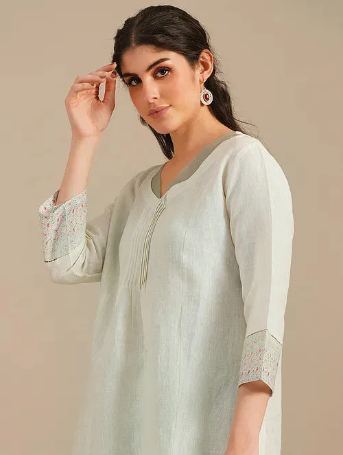 Lime Green Linen Kurta With Printed Border And Organza Yoke  With Cotton Pants