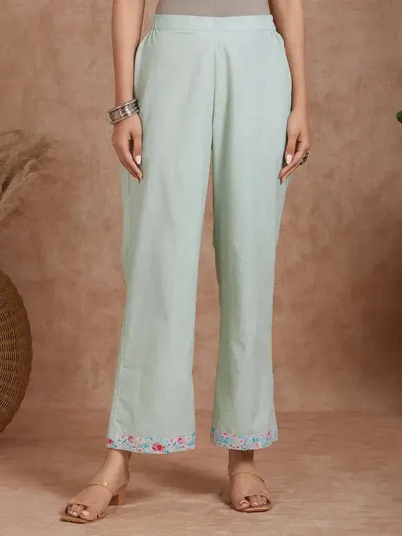 Lime Green Linen Kurta With Printed Border And Organza Yoke  With Cotton Pants