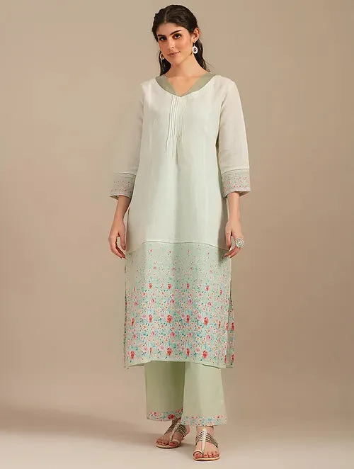 Lime Green Linen Kurta With Printed Border And Organza Yoke  With Cotton Pants