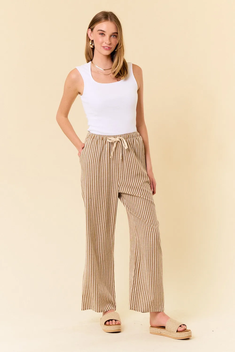 LINEN BLEND STRIPE WIDE LEG PANTS W/ POCKETS