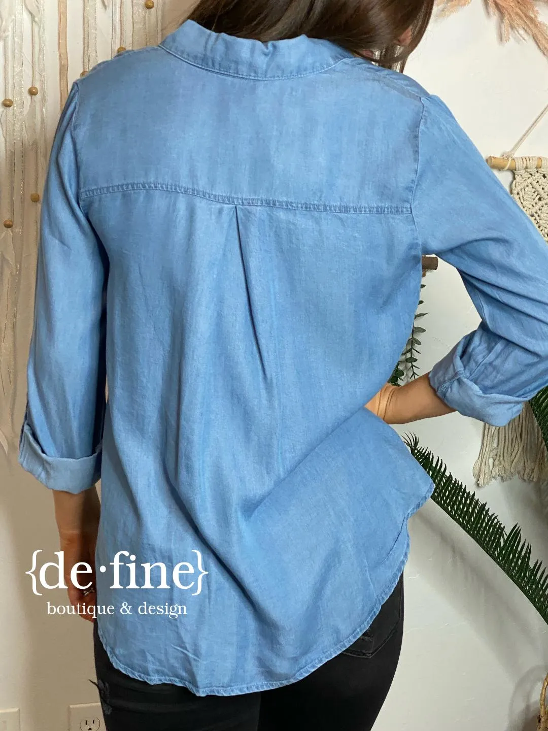 Long Sleeve Chambray Button Up with Pocket in Regular & Curvy