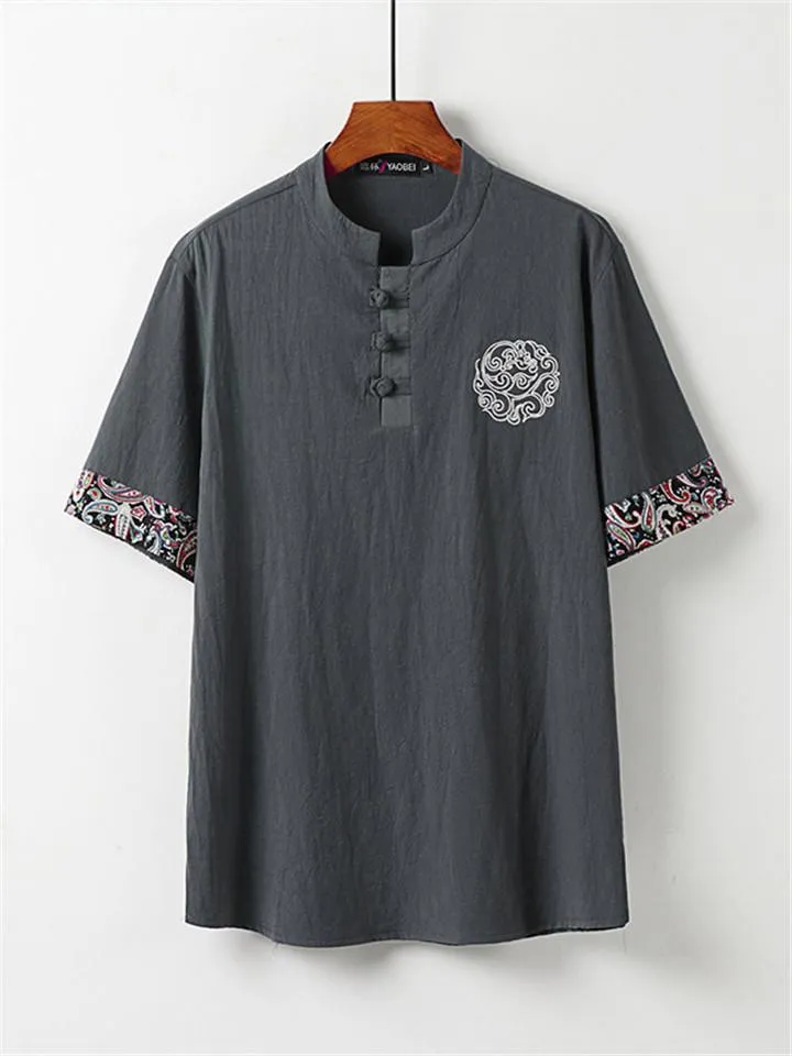 Loose Fit 2-Piece Outfit Notched Neck Retro Button Totem Print Short Sleeve Top   Drawstring Cropped Pants