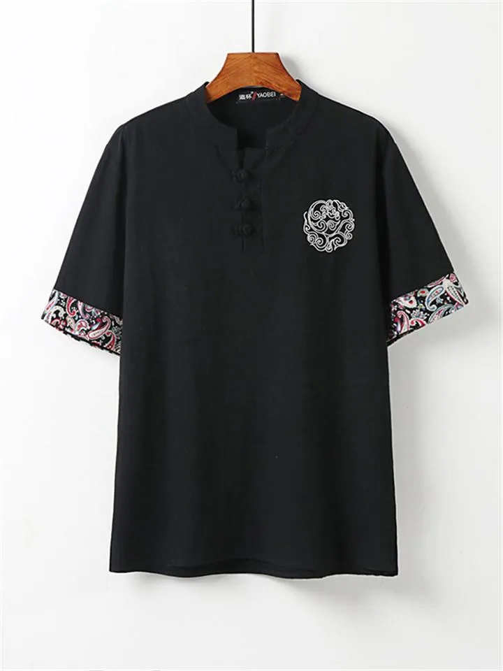 Loose Fit 2-Piece Outfit Notched Neck Retro Button Totem Print Short Sleeve Top   Drawstring Cropped Pants