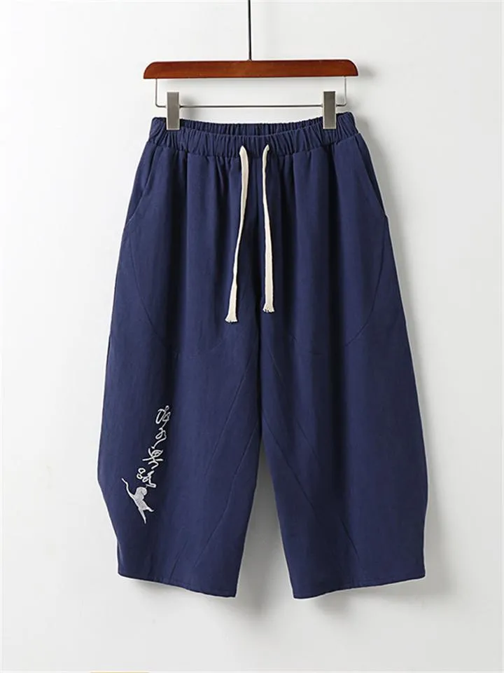 Loose Fit 2-Piece Outfit Notched Neck Retro Button Totem Print Short Sleeve Top   Drawstring Cropped Pants