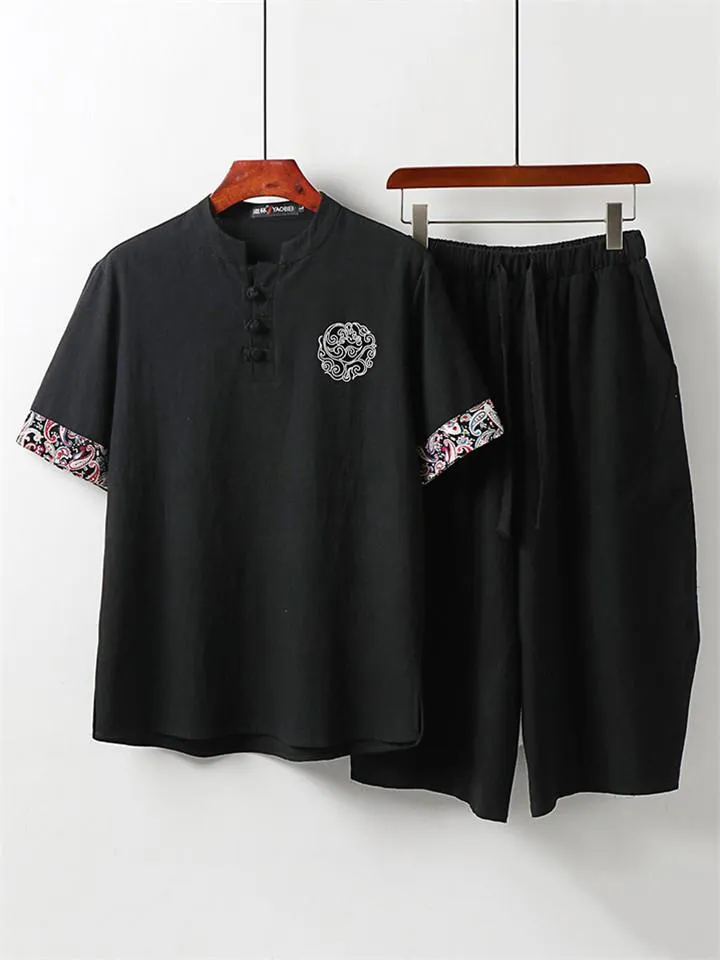 Loose Fit 2-Piece Outfit Notched Neck Retro Button Totem Print Short Sleeve Top   Drawstring Cropped Pants