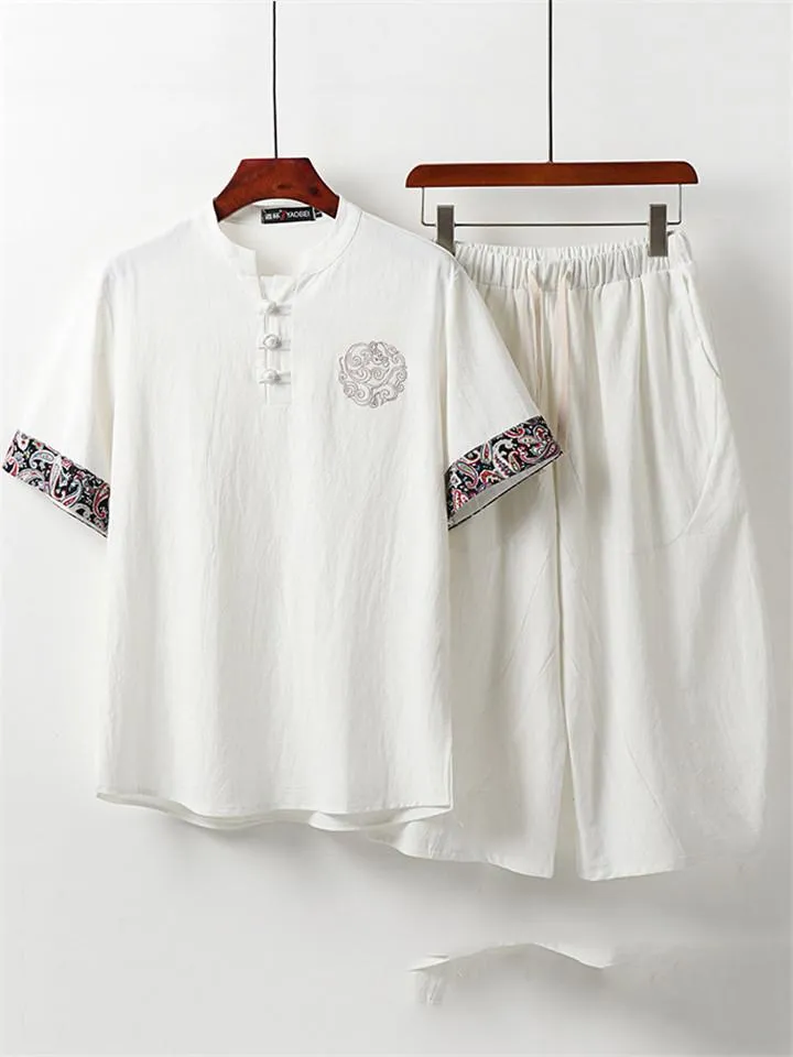 Loose Fit 2-Piece Outfit Notched Neck Retro Button Totem Print Short Sleeve Top   Drawstring Cropped Pants