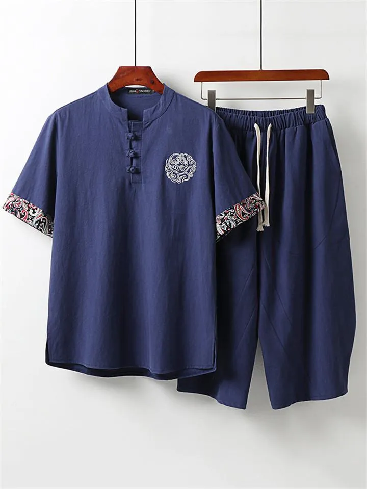 Loose Fit 2-Piece Outfit Notched Neck Retro Button Totem Print Short Sleeve Top   Drawstring Cropped Pants