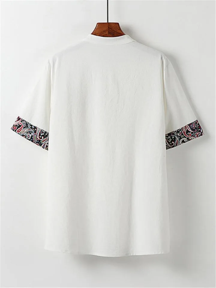 Loose Fit 2-Piece Outfit Notched Neck Retro Button Totem Print Short Sleeve Top   Drawstring Cropped Pants