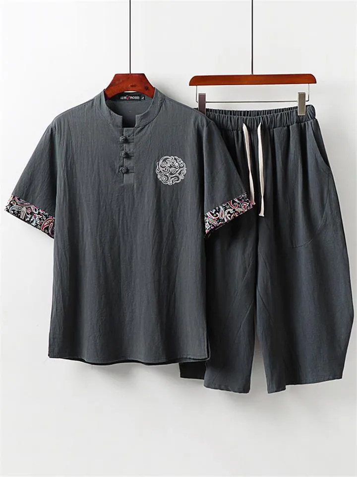 Loose Fit 2-Piece Outfit Notched Neck Retro Button Totem Print Short Sleeve Top   Drawstring Cropped Pants