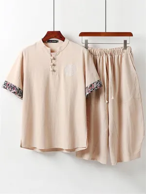 Loose Fit 2-Piece Outfit Notched Neck Retro Button Totem Print Short Sleeve Top   Drawstring Cropped Pants