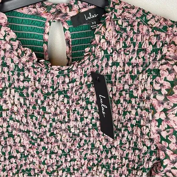 Lulus Floral Forever Green and Pink Floral Print Smocked Skater Dress XS NWT