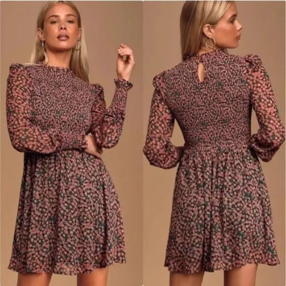 Lulus Floral Forever Green and Pink Floral Print Smocked Skater Dress XS NWT