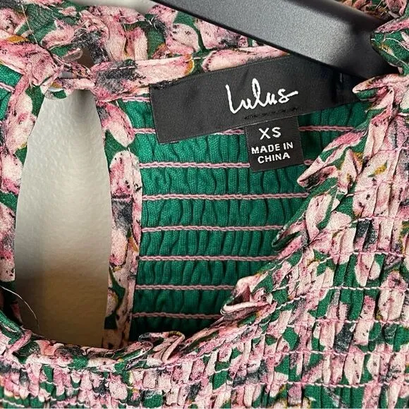 Lulus Floral Forever Green and Pink Floral Print Smocked Skater Dress XS NWT