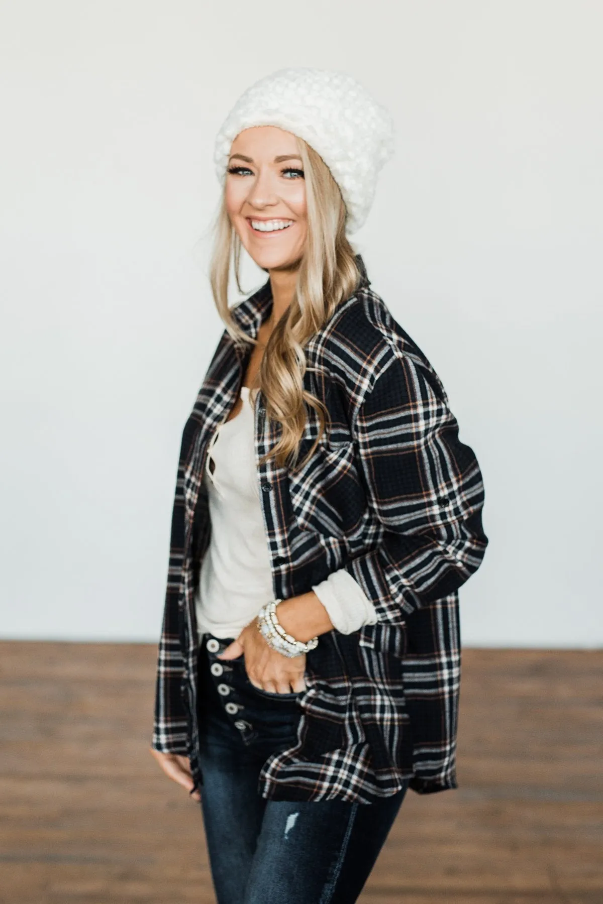 Made Up My Mind Plaid Button Top- Navy & Camel