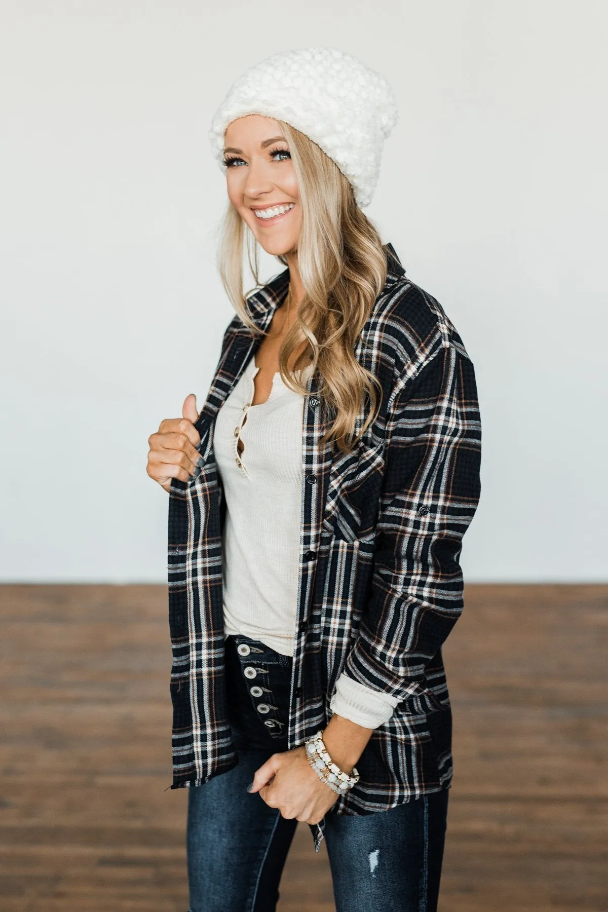 Made Up My Mind Plaid Button Top- Navy & Camel
