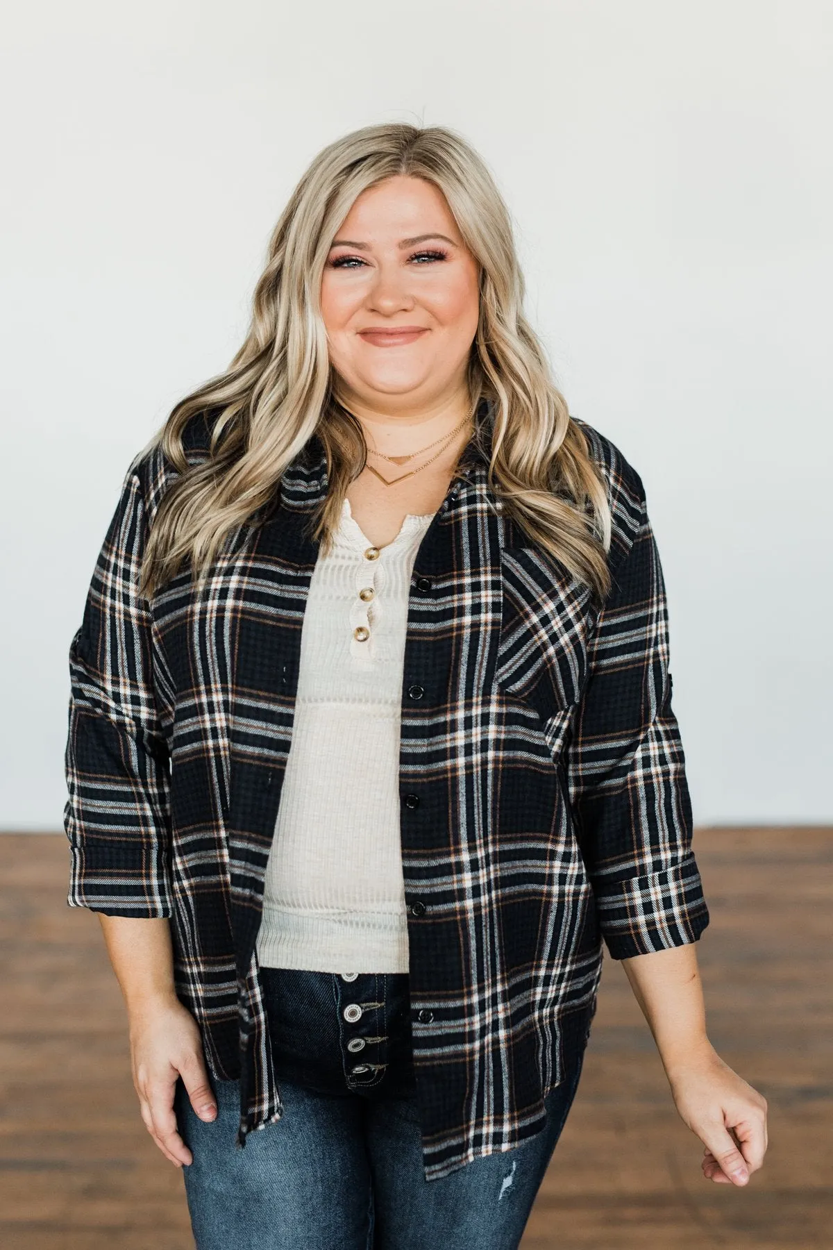 Made Up My Mind Plaid Button Top- Navy & Camel