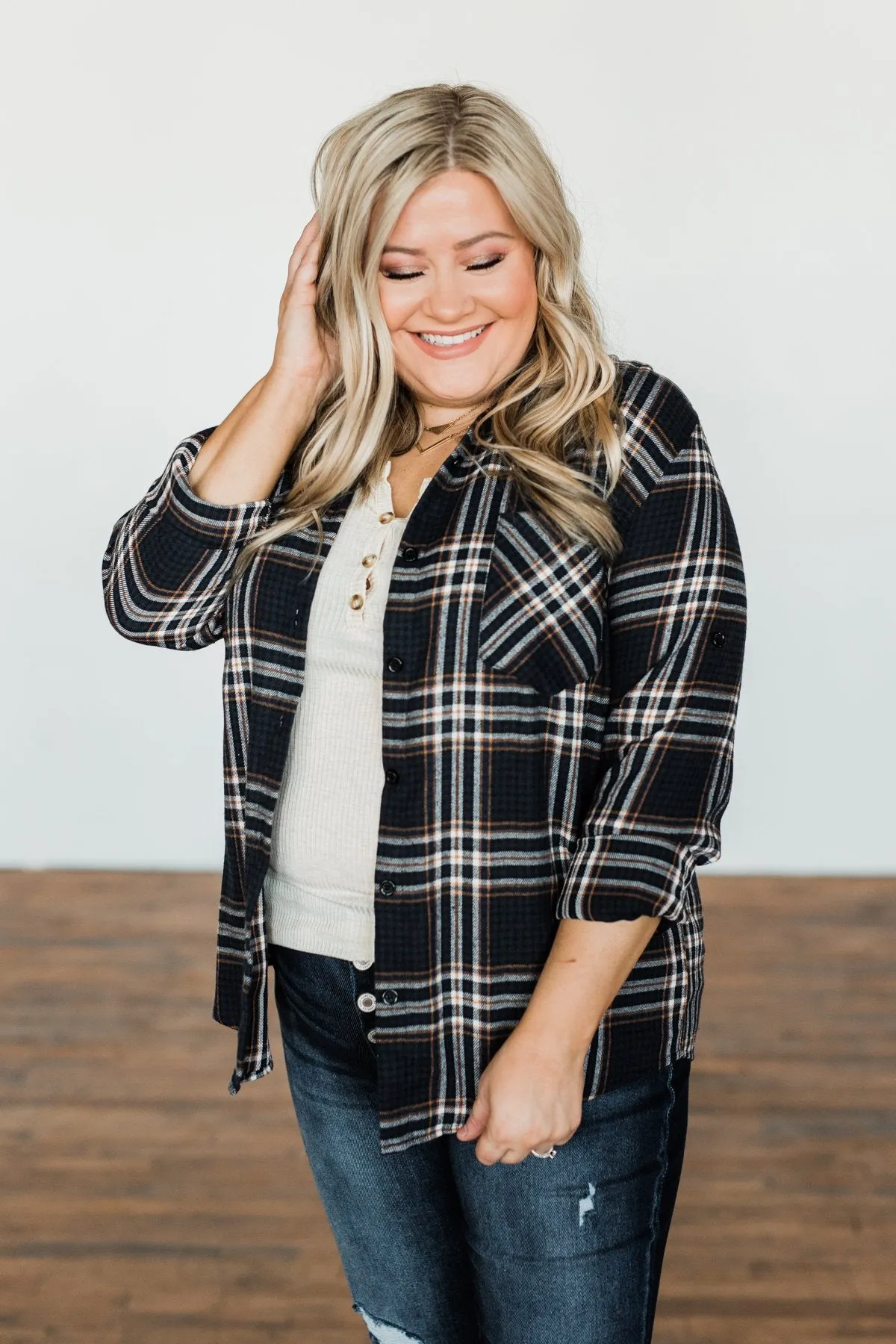 Made Up My Mind Plaid Button Top- Navy & Camel