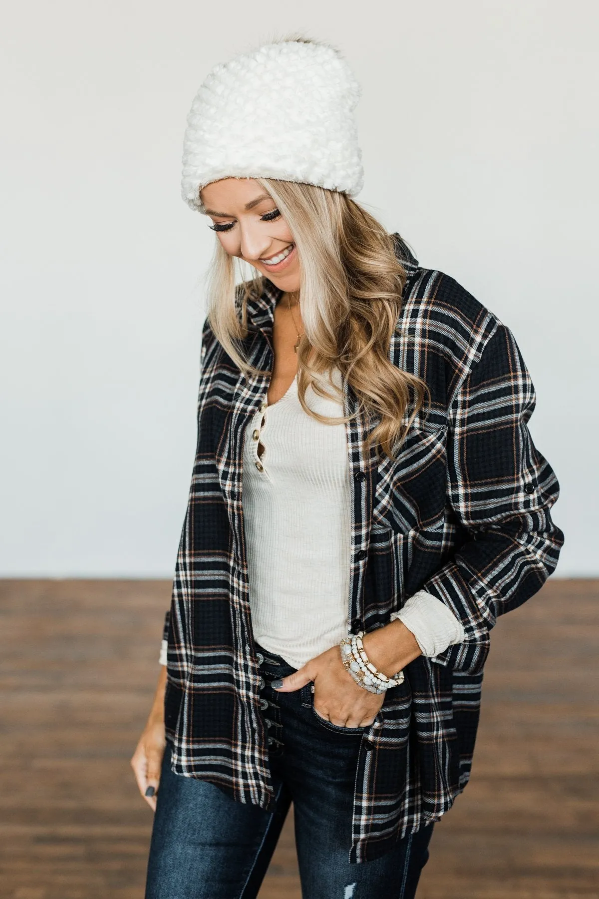 Made Up My Mind Plaid Button Top- Navy & Camel